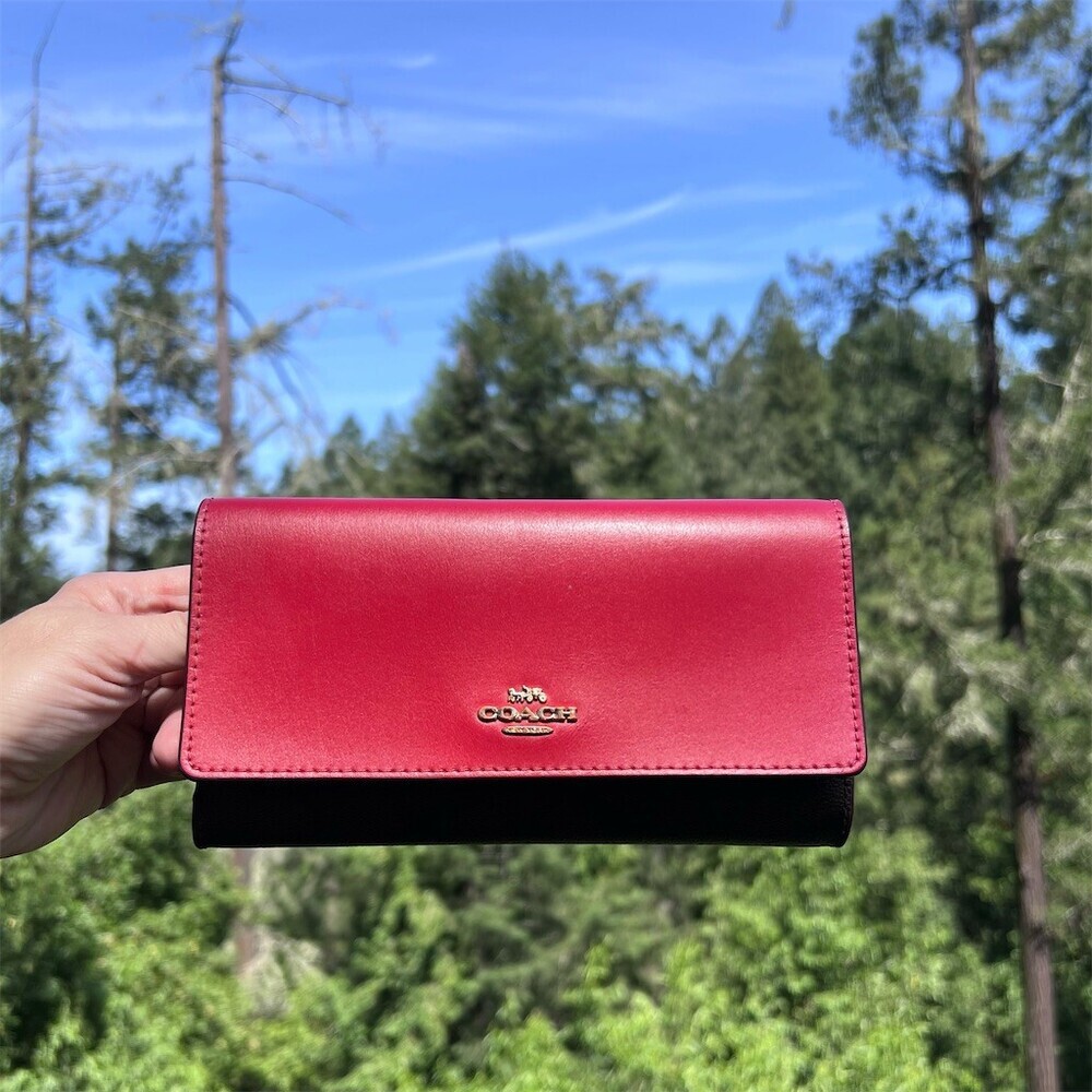 COACH Signature Brown/Red Trifold Wallet Gold Hardware AUTHENTIC